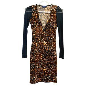 UK2LA Mini Dress Brown Black Leopard Long Sleeve Transparent  Size XS